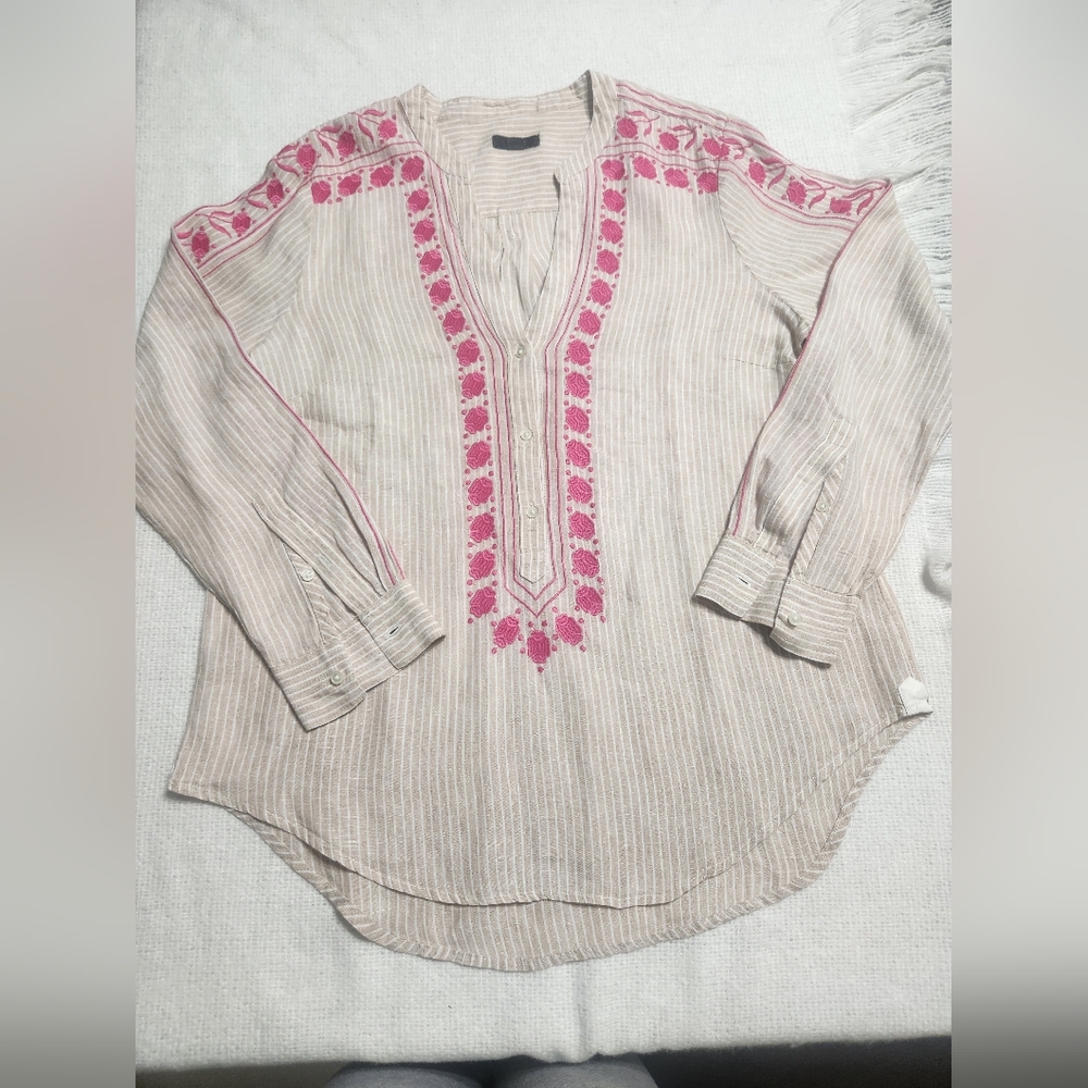 J Crew Tan Striped Long Sleeve Embroidered With Pink Tunic Shirt Size M